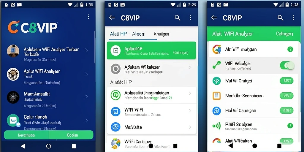 Tampilan utama aplikasi C8VIP dengan fitur analisis jaringan WiFi.