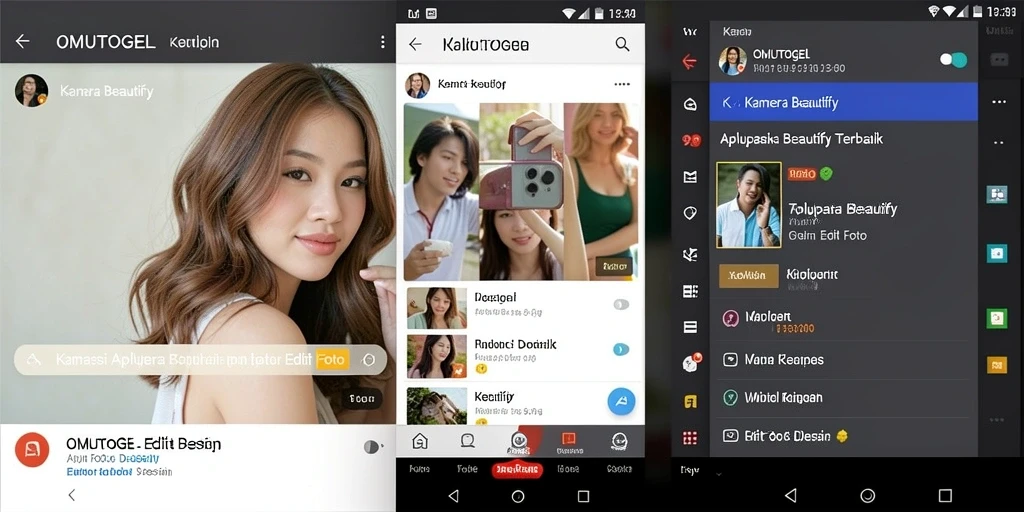 Antarmuka aplikasi OMUTOGEL dengan fitur Kamera Beautify yang menarik.